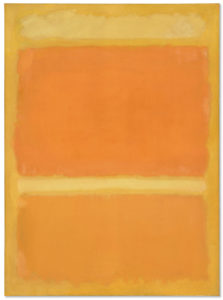 A large color field painting by Mark Rothko mainly of orange with yellow stripes in the middle.