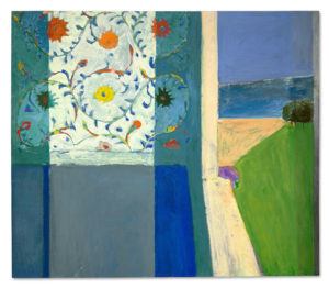 A colorful, Fauvist-inspired interior scene with different shades of blue and a floral decorative pattern on the wall. The view outside the window takes up a third of the painting on the left.