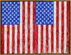 A painting of two American flags next to each other displayed vertically.