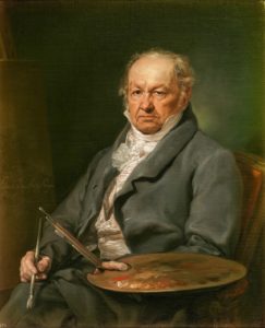 A portrait of the painter Francisco de Goya as an old man with a paintbrush and a palette.