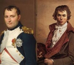 On the left, Jacques-Louis David's portrait of Napoleon Bonaparte in a white and blue military uniform. On the right, a self-portrait of Jacques-Louis David with a palette and a brush in his hands.