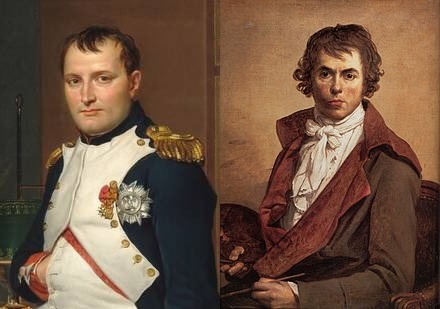 On the left, Jacques-Louis David's portrait of Napoleon Bonaparte in a white and blue military uniform. On the right, a self-portrait of Jacques-Louis David with a palette and a brush in his hands.