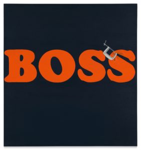 The word Boss in large orange letters against a navy blue background, with a c-clamp attached to the last letter.