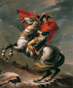 An portrait of Napoleon in full military regalia on his horse crossing the Alps with his troops in the background.