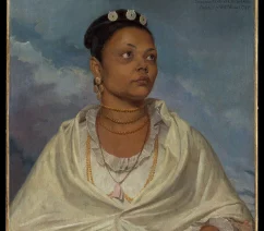 A portrait of a dark-skinned woman in a white robe, a Bengali nurse named Joanna de Silva, painted by the British artist William Wood in the 1790s