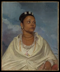 A portrait of a dark-skinned woman in a white robe, a Bengali nurse named Joanna de Silva, painted by the British artist William Wood in the 1790s