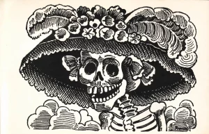 A black-and-white lithograph of a skeleton wearing an elaborate, Victorian-era women's hat.
