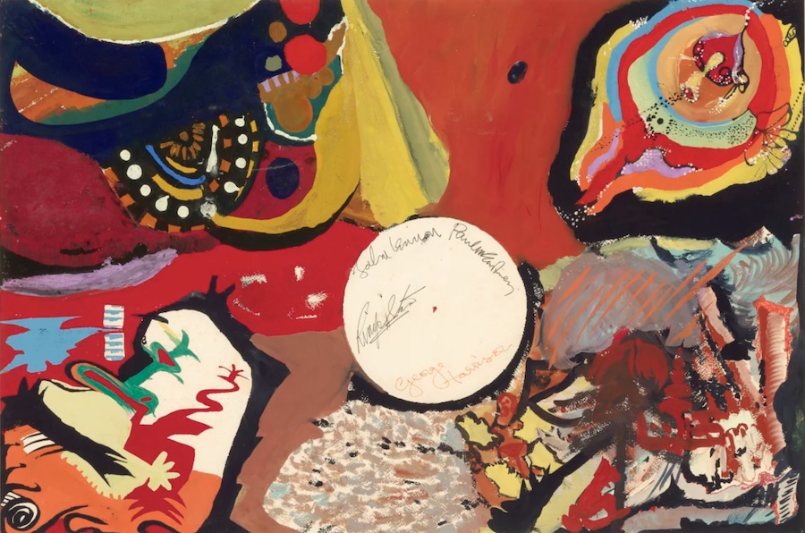 An abstract painting on paper, mostly in warm colors, with a large blank circle in the middle containing signatures.