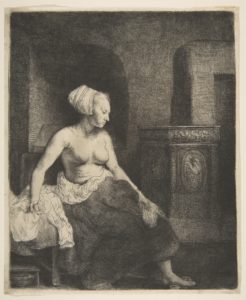 An etching of a topless woman seated by a stove.
