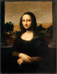 A portrait of a woman in dark clothing between two columns against a landscape background.