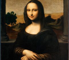 A portrait of a woman in dark clothing between two columns against a landscape background.