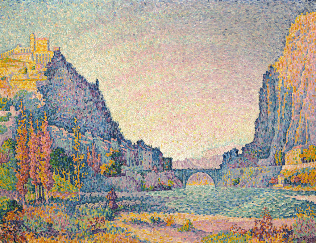 A post-impressionist landscape of two stone cliffs on both banks of a river in southern France.