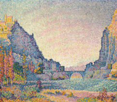 A post-impressionist landscape of two stone cliffs on both banks of a river in southern France.