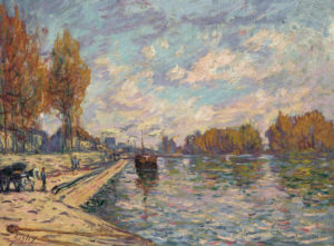 A painting showing the banks of the River Seine in the suburbs of Paris, with a steamboat and pedestrians in the foreground.