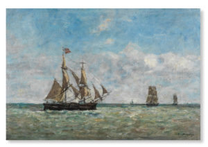 A seascape with several sailing ships in the foreground and background on a partly cloudy day.