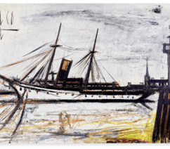 Bernard Buffet's seascape showing a large yacht moored in the harbor next to a thin lighthouse on the right