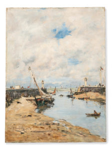 A seascape showing the entrance to a harbor at low tide.