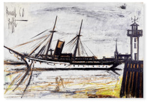 Bernard Buffet's seascape showing a large yacht moored in the harbor next to a thin lighthouse on the right