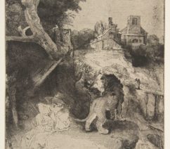 An etching of Saint Jerome reading in the wilderness next to a lion.