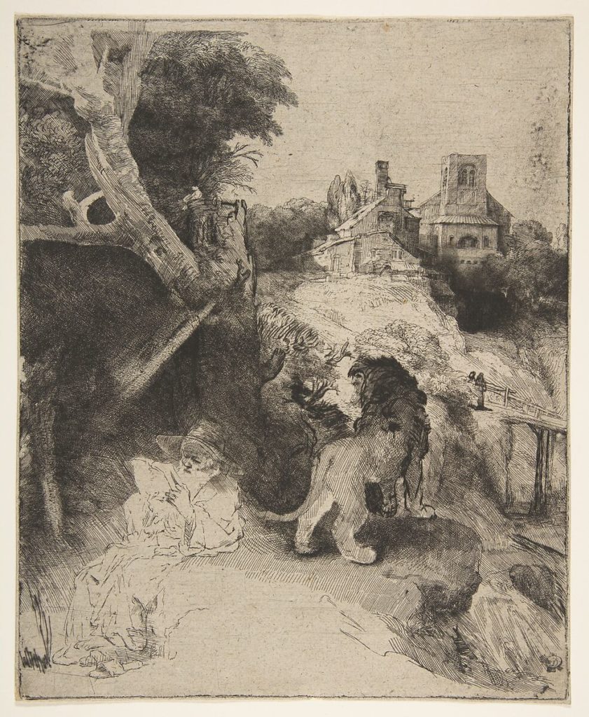 An etching of Saint Jerome reading in the wilderness next to a lion.
