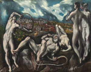 A painting of an older man and several younger men, all nude, being strangled by snakes