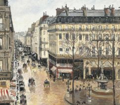 An impressionist street scene of the Rue Saint Honoré in Paris
