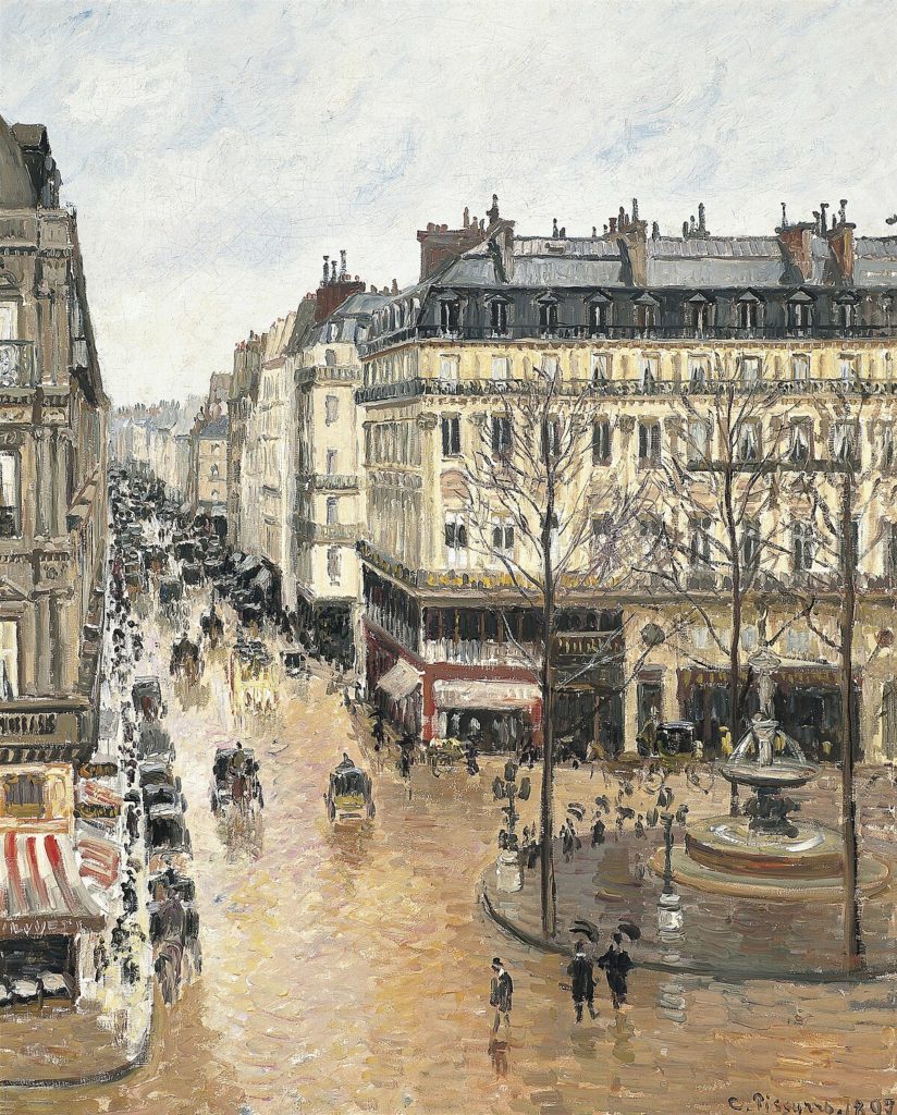 An impressionist street scene of the Rue Saint Honoré in Paris
