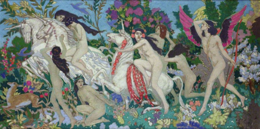 A painting showing nude female figures on the backs on unicorns fleeing from a winged nude male figure carrying a bow.