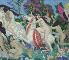 A painting showing nude female figures on the backs on unicorns fleeing from a winged nude male figure carrying a bow.