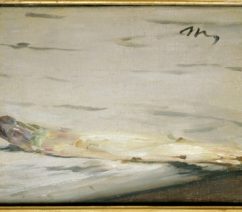 A small still-life painting of a single stalk of white asparagus on a countertop.