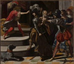 A 17th century painting showing soldiers bringing a bearded man before a judge.