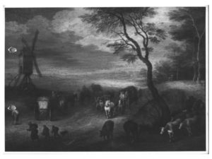 A black-and-white photograph of a small landscape painting.