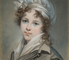 A bust-length pastel portrait of a woman against a gray background.