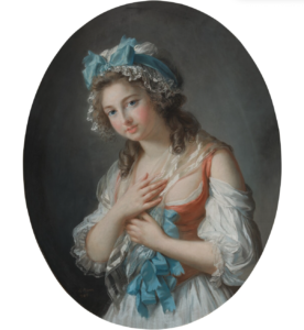 A half-length, oval portrait of an eighteenth-century noblewoman against a gray background.