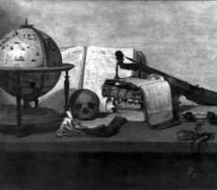 A black-and-white photograph of a still life painting featuring a globe and a skull