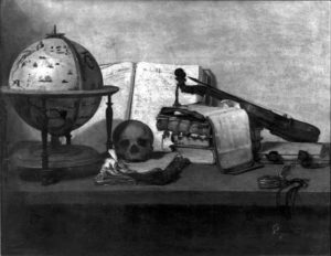 A black-and-white photograph of a still life painting featuring a globe and a skull