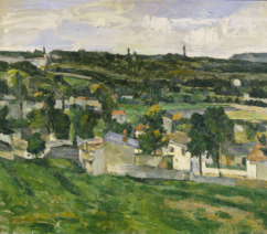 An impressionist landscape with houses and rolling green hills.