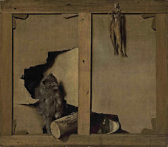A painting of a cat and a wooden log breaking through the back of a painting.