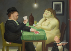 A painting showing a suited man and a nude woman playing cards