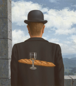 A painting of a man in a bowler hat facing away from the viewer, with a floating baguette and wine glass against his back.