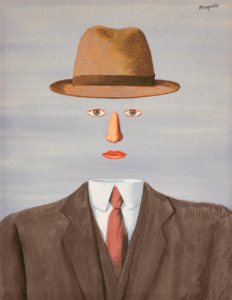 A portrait of a man in a brown suit and fedora, but with his face invisible, except the eyes, nose, and mouth.