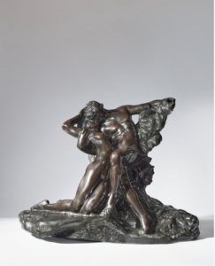 A bronze sculpture showing a nude man and woman in an embrace