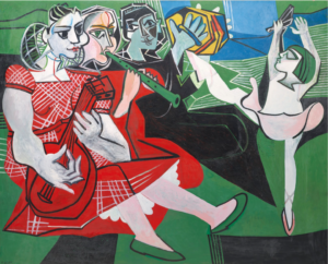 A Picassoesque scene of female musicians playing a concert against a green background