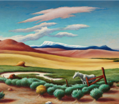 A landscape painting by Thomas Hart Benton of rural Utah, featuring a white horse at a fence in the foreground.