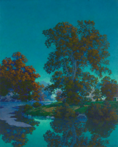 A landscape of a river in New England at dusk, with a house in the background among trees