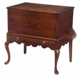 1750-1770, Chippendale Walnut Fitted Cellaret early form with finely fitted interior, scalloped front and side skirts, deeply shaped cabriole legs with stylized paw feet