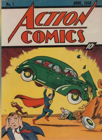 action comic #1 featuring Superman holding up a green car from 1938