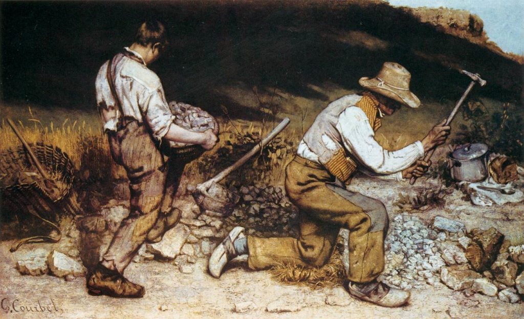A painting of two men, one young and the other old, breaking rocks with hammers at the side of a country road.