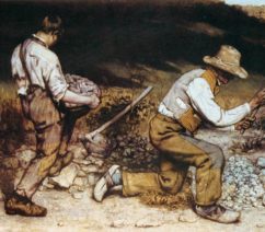 A painting of two men, one young and the other old, breaking rocks with hammers at the side of a country road.