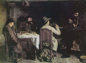 A painting of four men seated at a table after finishing dinner.